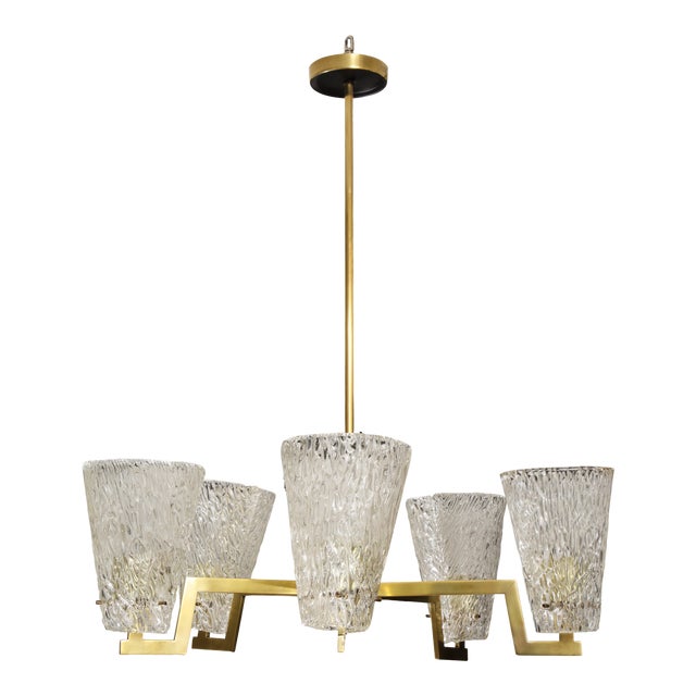 Sculptural Brass and Glass Six-Arm Hanging Light Fixture For Sale