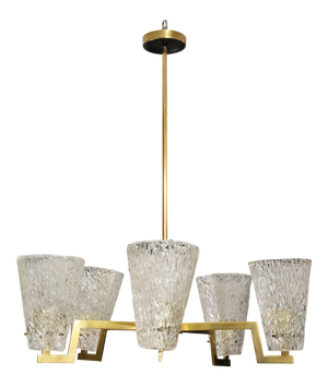 Sculptural Brass and Glass Six-Arm Hanging Light Fixture