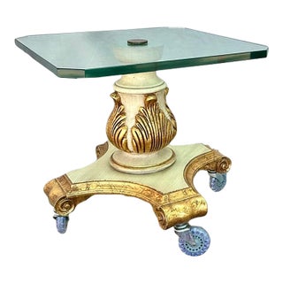 Vintage Neoclassical Style Carved Pedestal Accent Table With 3/4" Glass Top on in-Line Wheels For Sale