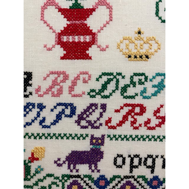 Vintage Hand-Stitched Cross Stitch Alphabet Sampler Needlework Folk Art Textile For Sale - Image 10 of 10