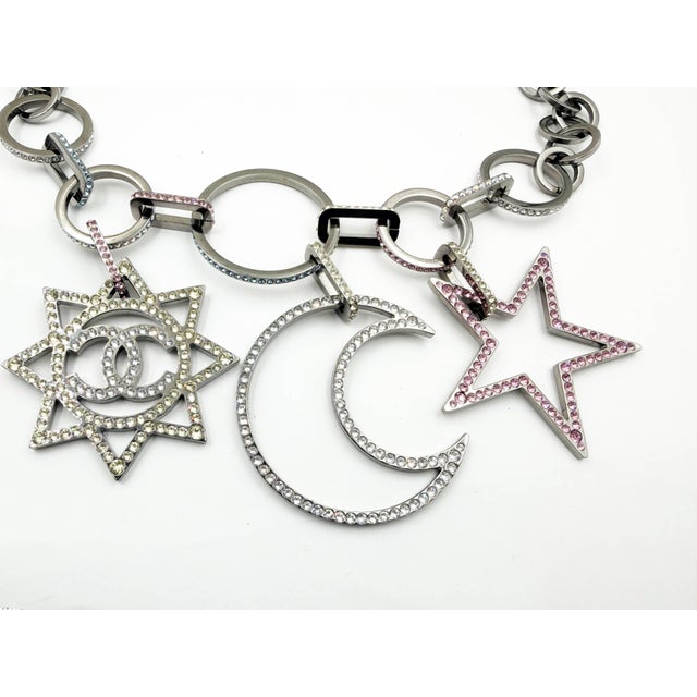 2010s Chanel Silver CC Large Star Moon Pastel Crystal Chain Necklace For Sale - Image 5 of 5