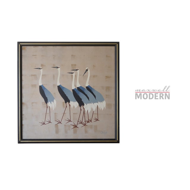 Stunning large(ish) square painting from the mid century era depicting a flock of Japanese cranes, possibly an...