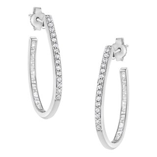 .925 Sterling Silver 1/2 Cttw Round and Baguette-Cut Diamond Inside-Outside Hoop Earrings (H-I Color, I1-I2 Clarity) For Sale