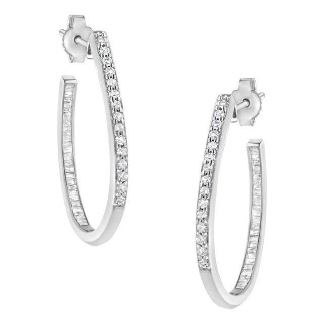 .925 Sterling Silver 1/2 Cttw Round and Baguette-Cut Diamond Inside-Outside Hoop Earrings (H-I Color, I1-I2 Clarity) For Sale