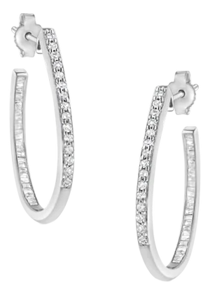 .925 Sterling Silver 1/2 Cttw Round and Baguette-Cut Diamond Inside-Outside Hoop Earrings (H-I Color, I1-I2 Clarity)