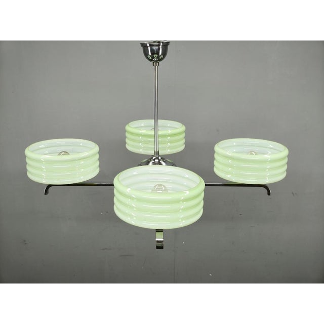 Art Deco Green Opaline Glass Chandelier, Former Czechoslovakia, 1930s For Sale - Image 10 of 14