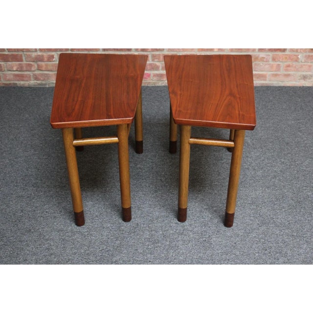 1950s Pair of Mid-Century Walnut, Leather and Mahogany Wedge End Tables by Dunbar For Sale - Image 5 of 12