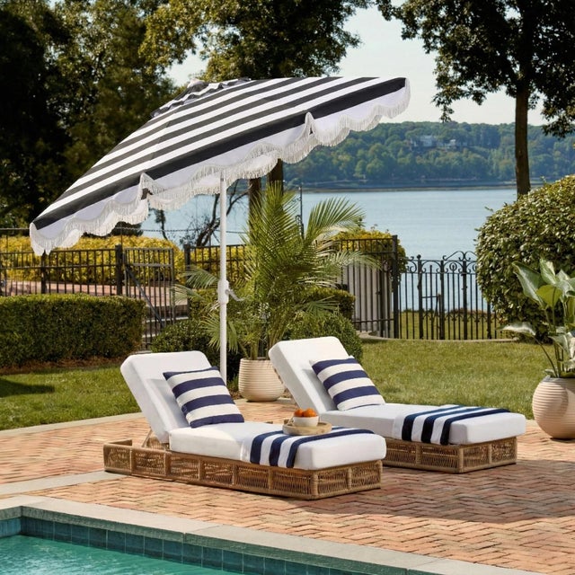 Introducing the Lucerna 9 ft crank umbrella in black stripe with a white pole it's the perfect blend of style and...