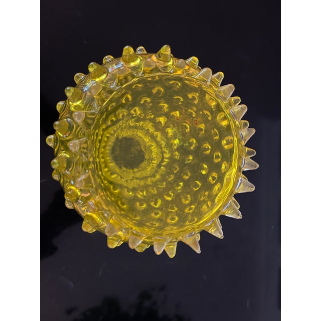 Empoli 1950s Mid Century Italian Toscany Zena Empoli Glass Canary Vaseline Yellow Hobnail Vase - 9" For Sale - Image 4 of 4