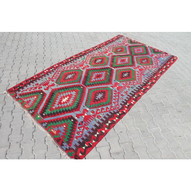 Textile 1960's Vintage Hand Woven Kilim Rug - 63" X 120" For Sale - Image 7 of 10