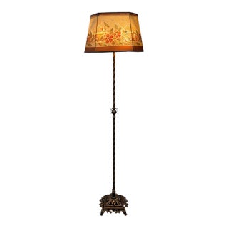 Antique Wire Mesh Rembrandt Style Shade With Painted Stenciled Red Rose and Green Floral Design on 1920s Painted Gold Floor Lamp For Sale