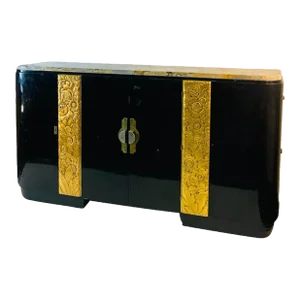 Masterful Gold Leaf Wood Stylized Floral Panel Flanked 1930s French Art Deco Buffet Attributed to Sue Et Mare