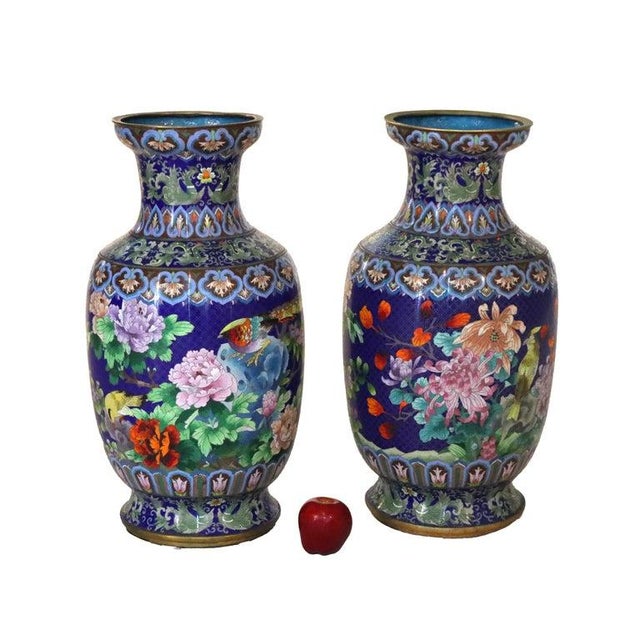 Pair Of Antique Monumental Chinese Figural & Floral Cloisonne Enameled Vases With Garden Flowers C1920 Measures - 25 1/4"...