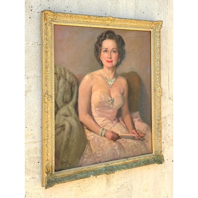 Wood Vintage Regency Original Oil Portrait on Canvas For Sale - Image 7 of 10