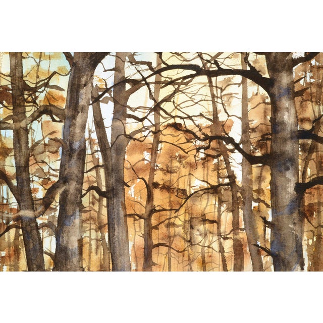 Realism Autumn Forest , 1970's Earth-Tone Vertical Landscape Watercolor With Trees by Kay Swanson For Sale - Image 3 of 8