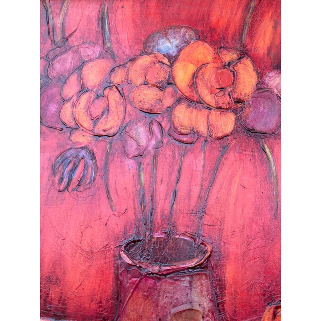 Mid-Century Modern 1960’s Original Abstract Textured Pop Floral Still Life Painting Carved Wood Chunky Frame For Sale - Image 3 of 5