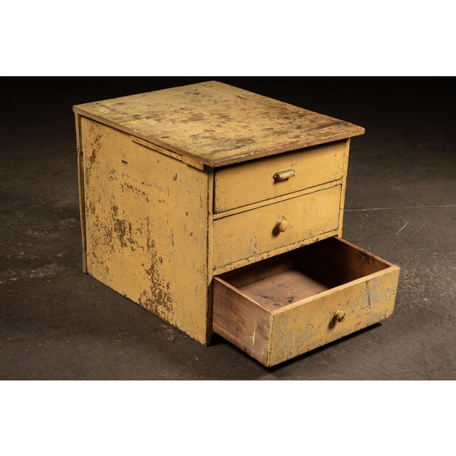 Antique Chippy Painted Industrial Three-Drawer Utility Cabinet For Sale In Chicago - Image 6 of 13