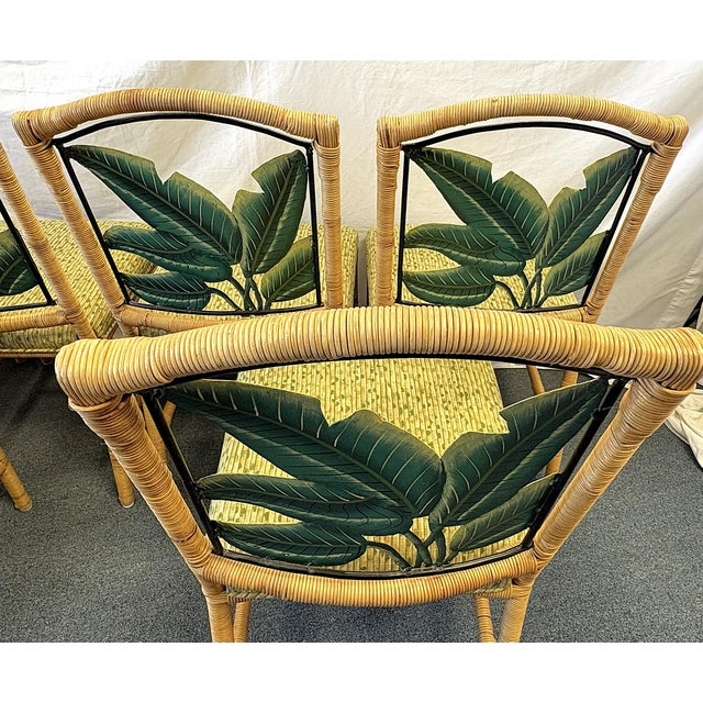 Vintage McGuire Style Rattan Wrapped Dining Chairs With Banana Leaf Back Detail- Set of 6 For Sale - Image 13 of 18