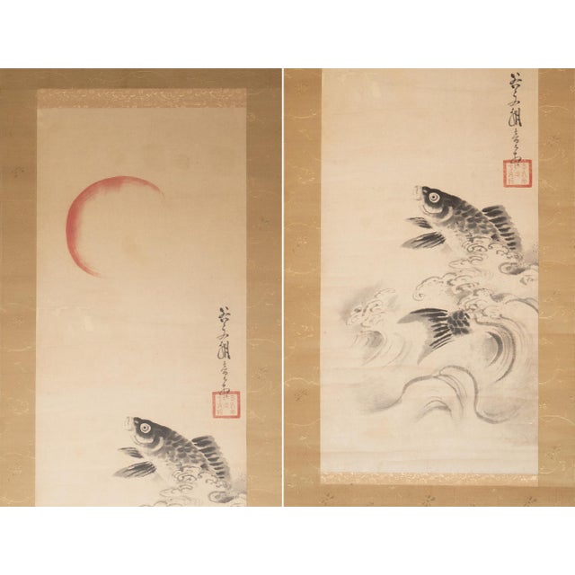 Japanese "Carp Leaping", Early Showa Era Japanese Monochrome Scroll Painting For Sale - Image 3 of 15