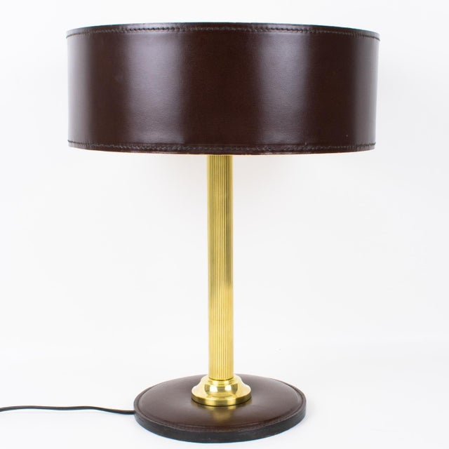 Jacques Adnet Brown Hand-Stitched Leather-Clad Table Lamp For Sale In Atlanta - Image 6 of 14