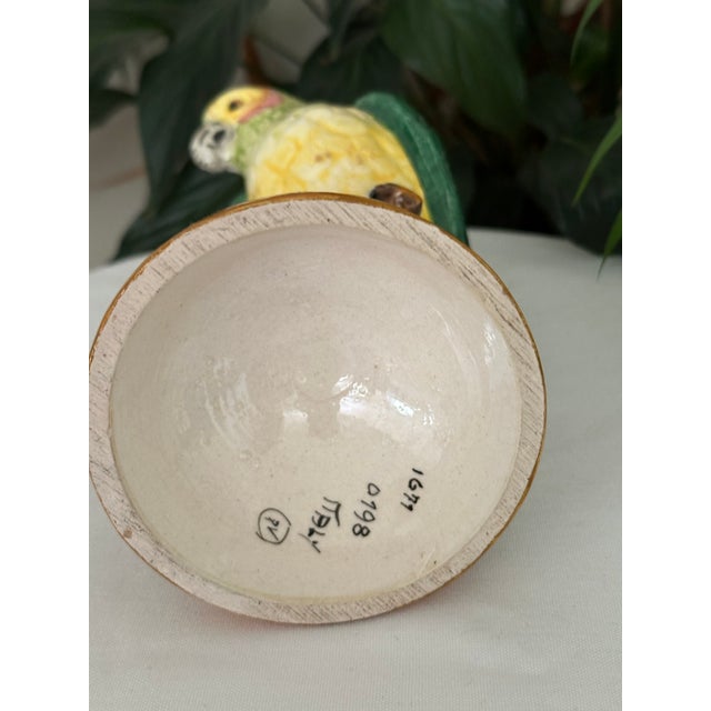 Vintage Italian Majolica Ceramic Parrot Figurine Hand Painted Made in Italy Bird on Branch For Sale - Image 4 of 10