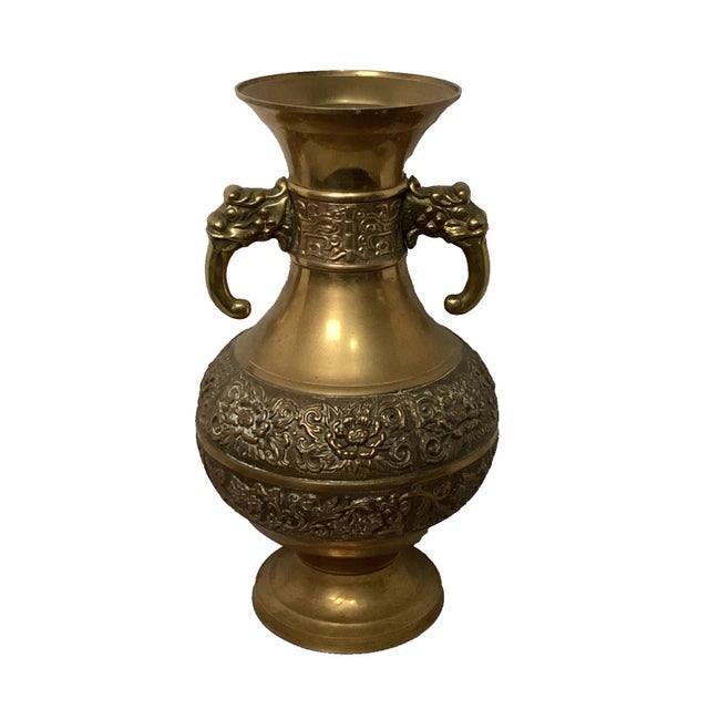 Chinoiserie Vintage 1960s Large 15" Solid Brass Urn Vase With Elephant Handles and Carved Flower Detail For Sale - Image 3 of 6