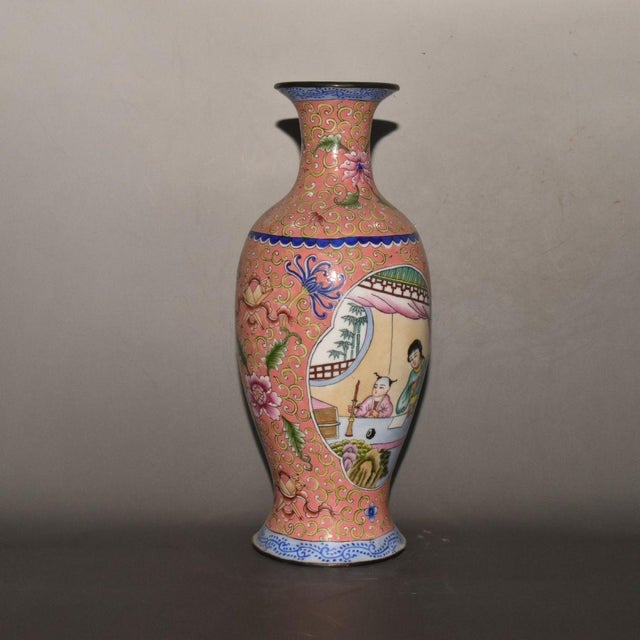 1900 - 1909 Vintage Chinese Gilt Copper Enamel "Lady & Boy" Figural Vase, Qianlong Mark - 634g For Sale - Image 5 of 9