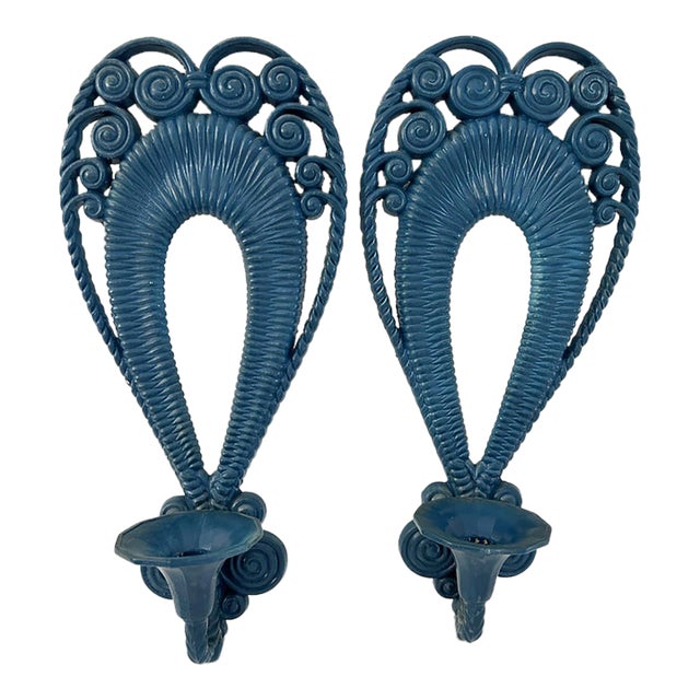 Vintage Sea Blue Burwood Candle Sconces, a Pair For Sale