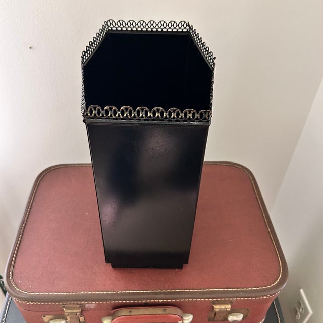 Metal Vintage Wolff Black & Gold Floral Toleware Wastebasket For Sale - Image 7 of 14