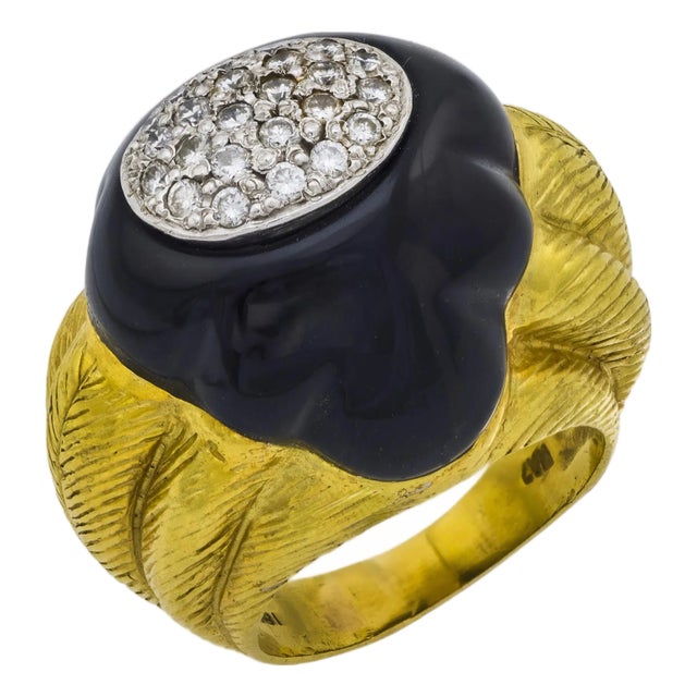 Mid 20th Century Maz Diamond Onyx 18k Yellow Gold Cocktail Ring, Size 9 For Sale