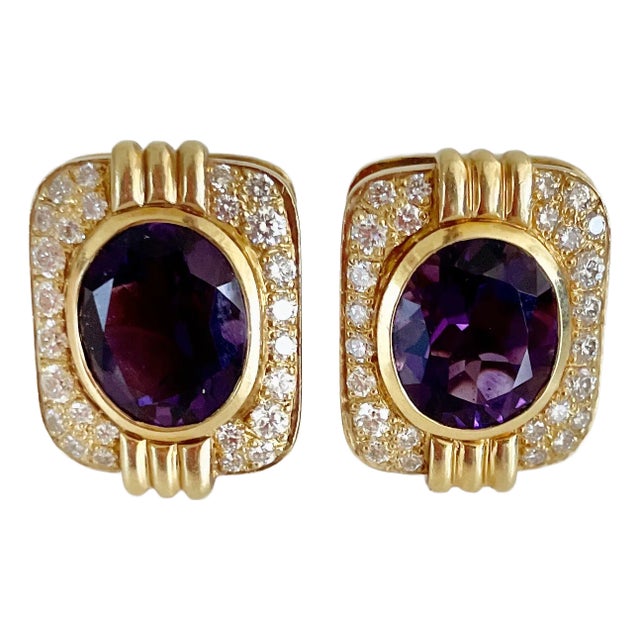 Pair 18k Yellow Gold Amethyst and Diamond Earrings For Sale