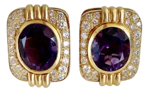 Pair 18k Yellow Gold Amethyst and Diamond Earrings