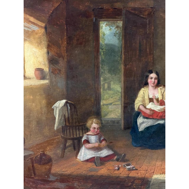 British Artist, Victorian Cottage Interior with Mother and Children, 1860-1870, Oil on Canvas For Sale - Image 9 of 18