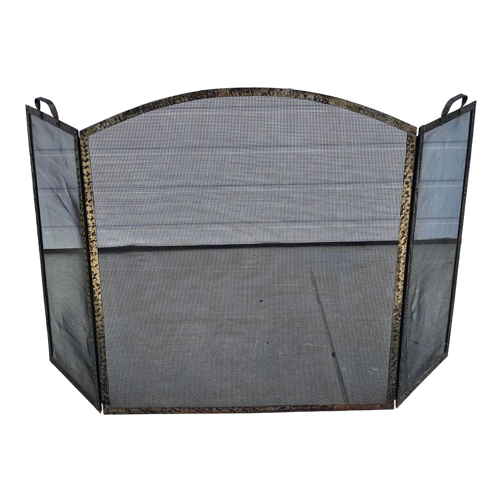 Early 20th Century Hammered Iron and Wire Mesh Trifold Fireplace Screen