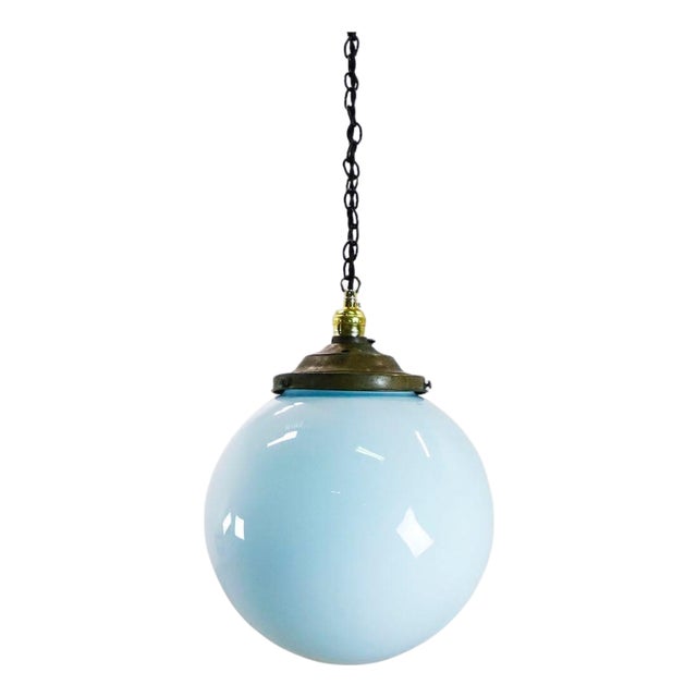 1930s Big Size Art Deco Blue Milk Glass Pendant Light For Sale