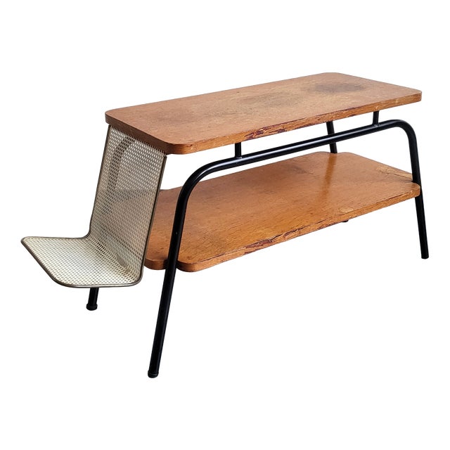 Vintage Coffee Table with Magazine Rack in Steel and Beech Wood, 1950s For Sale