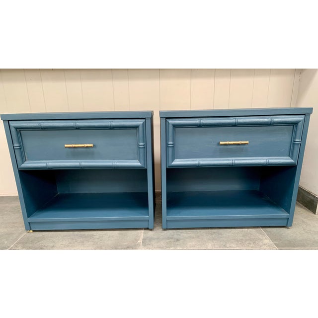 Vintage Blue Faux Bamboo Wooden Nightstands - A Pair For Sale In Phoenix - Image 6 of 9