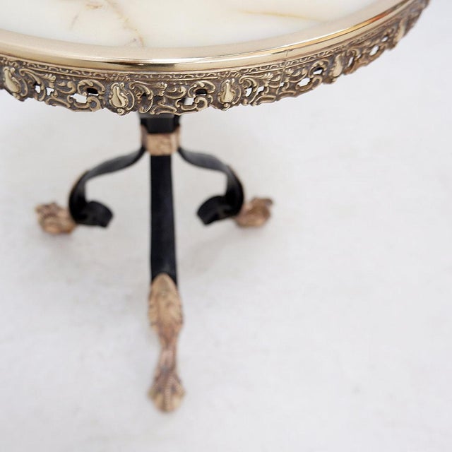 Wrought Iron Tripod Side Table with Brass Decorations and Alabaster Top, 1950s For Sale - Image 9 of 15