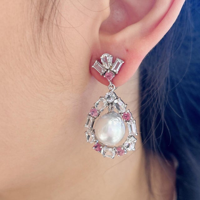 Bochic "Orient" Vintage Topaz & White Pearls Earrings Set 18K Gold & Silver For Sale - Image 9 of 18