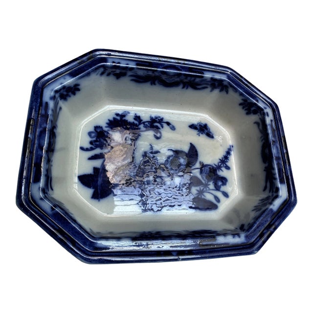 Antique R & M Dark Flow Blue Pheasant Pattern Octagonal Oval Serving Bowl For Sale