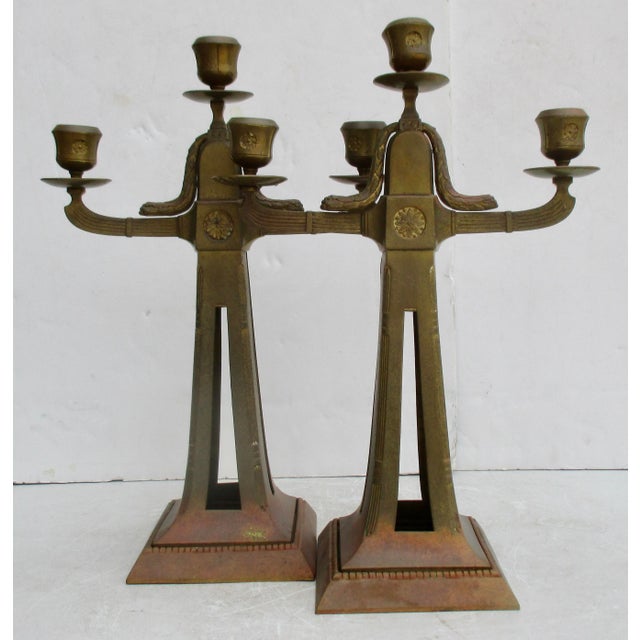1900 - 1909 Vienna Secession Bronze Candlesticks - A Pair of 2 For Sale - Image 5 of 12