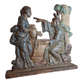 Antique Cast Iron "Rebecca at the Well" Biblical Figural Doorstop – Original Paint, C. 1890 For Sale