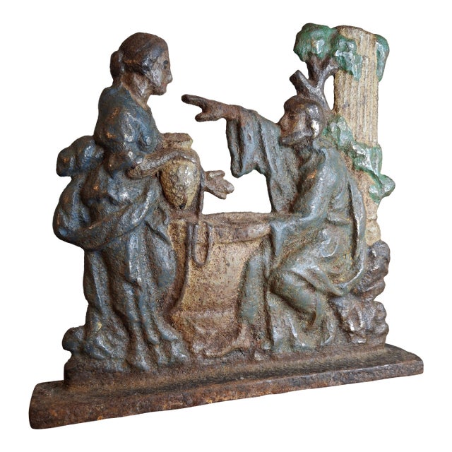 Antique Cast Iron "Rebecca at the Well" Biblical Figural Doorstop – Original Paint, C. 1890 For Sale