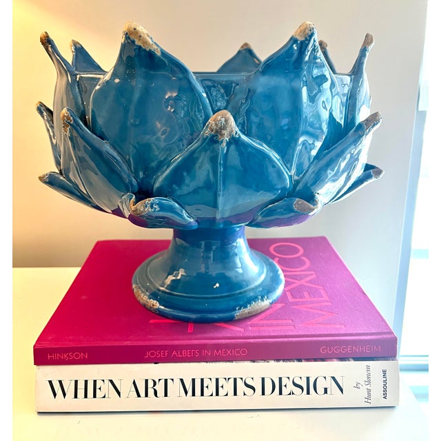 Ceramic Italian Hand-Thrown Majolica Artichoke Pedestal Bowl – Blue For Sale - Image 7 of 8