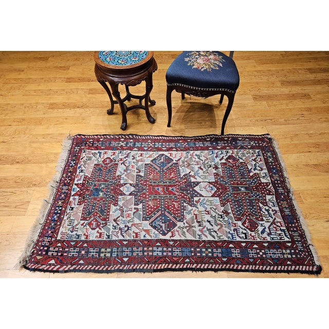 Tribal Antique Caucasian Soumak Area Rug, Handwoven Wool, Tribal Bird Motifs Design, 3' x 5' For Sale - Image 3 of 14