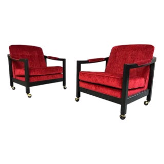 Milo Baughman Style Directional Deep Red Velvet & Ebony Mahogany Club Chairs For Sale