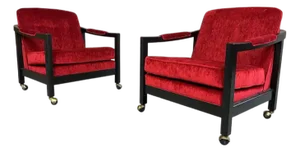 Milo Baughman Style Directional Deep Red Velvet & Ebony Mahogany Club Chairs