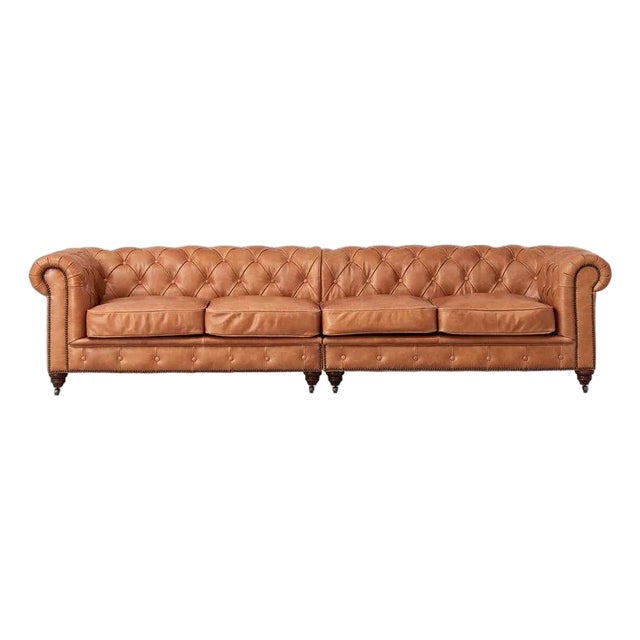 Century Chesterfield Sofa - Light Chestnut Leather - 118" For Sale