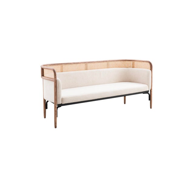 Mid-Century Modern Vesta Leta Linen and Cane Sofa For Sale - Image 3 of 9