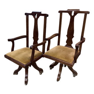 Pair of Antique English Cherry Queen Anne Style Swivel Desk Chairs With Casters For Sale